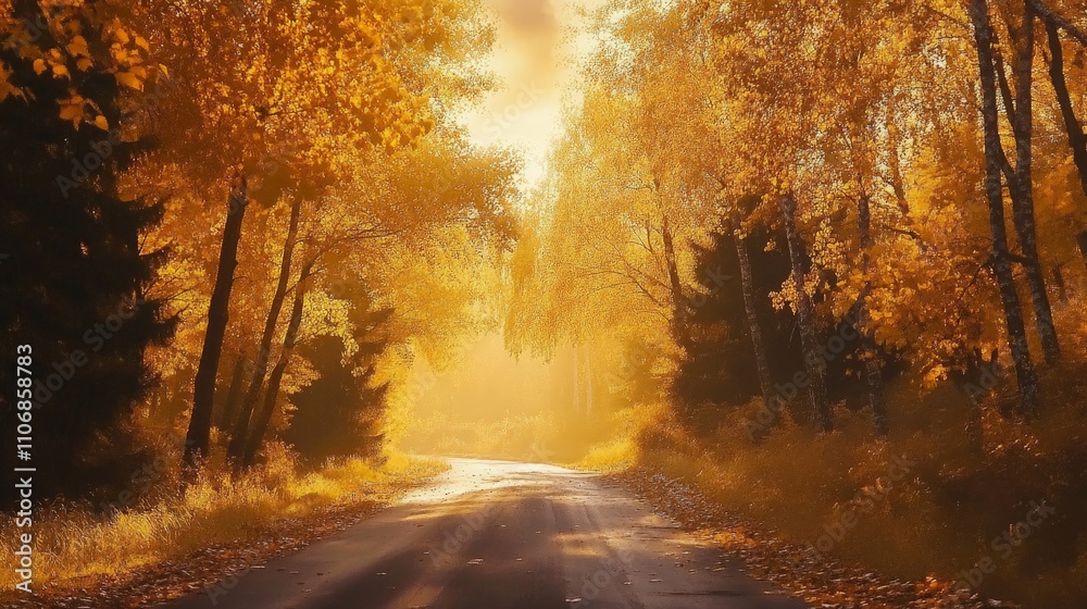 A scenic drive through autumn foliage with trees glowing in golden colors A scenic drive through autumn foliage with trees glowing in golden colors