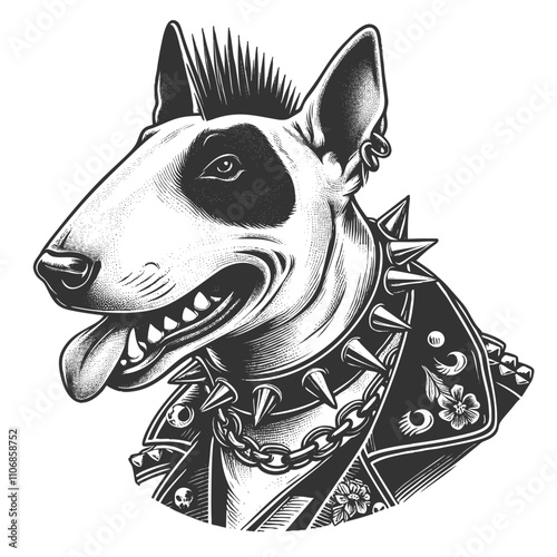 bull terrier dog punk. Mohawk hairstyle, wearing a leather jacket and spiked collar in vintage style sketch engraving generative ai vector illustration. Scratch board imitation. Black and white image.