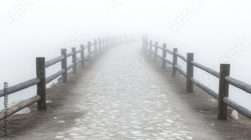 Cobblestone path with wooden fences in dense fog