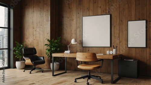 Modern office with a large wooden desk, computer, chair, and blank square poster on the wood-paneled wall