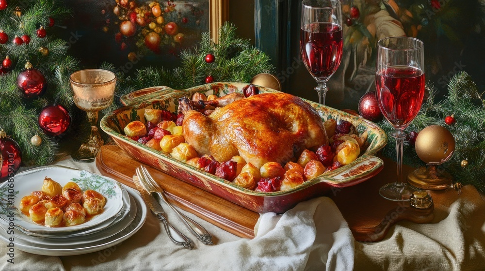 Naklejka premium Crispy baked goose in an original baking dish on the festive table.