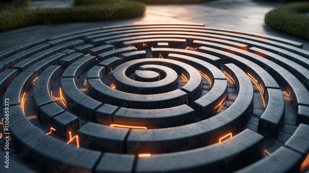 A Glowing Number Five Formed From Concentric Stone Rings