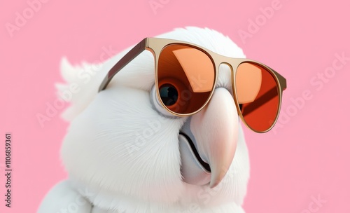 white parrot, wearing sunglasses, pink background, detailed feathers, cool and stylish, bright lighting, close-up portrait
 photo