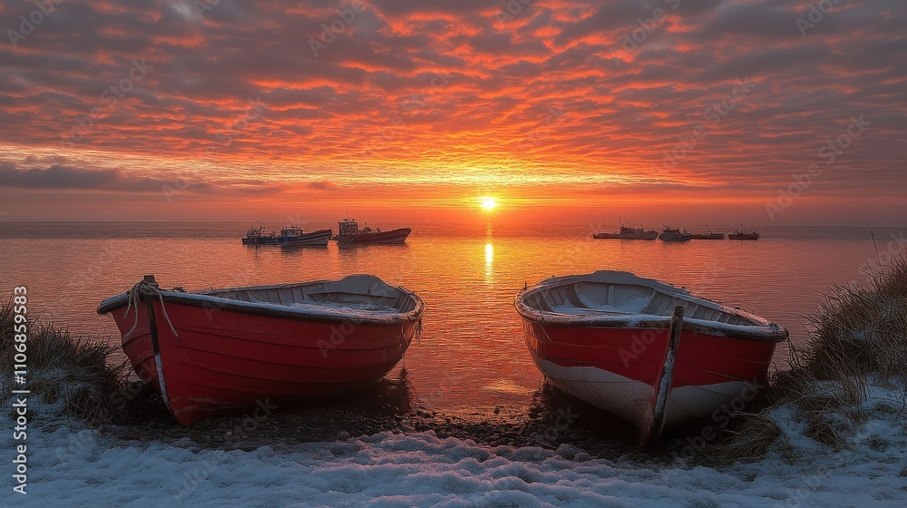 Fototapeta premium Serene sunset over a calm sea with two red boats in the foreground.