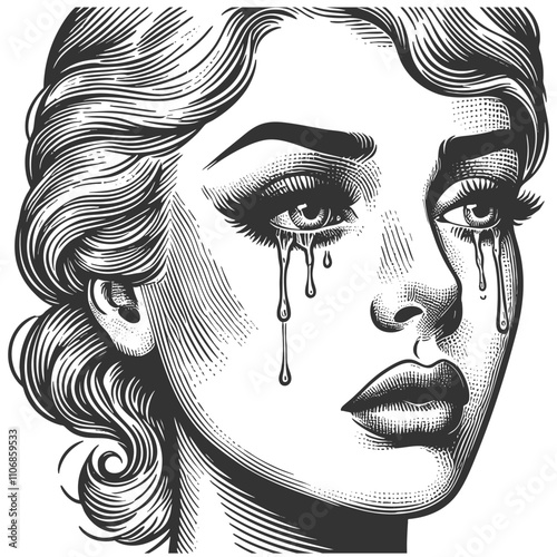 crying woman with tears and smudged mascara streaming down her face, deep sadness and emotion sketch engraving generative ai vector illustration. Scratch board imitation. Black and white image.