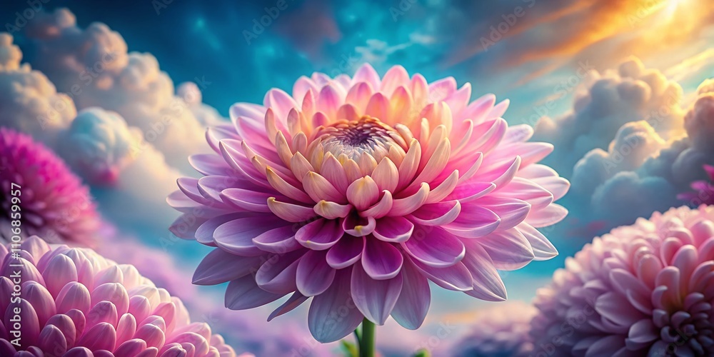 Delicate Pink Chrysanthemum Surrounded by Ethereal Swirls of Colorful Clouds Creating a Dreamy Macro Photography Scene for Floral Art Enthusiasts Delicate Pink Chrysanthemum Surrounded by Ethereal Swirls of Colorful Clouds Creating a Dreamy Macro Photography Scene for Floral Art Enthusiasts