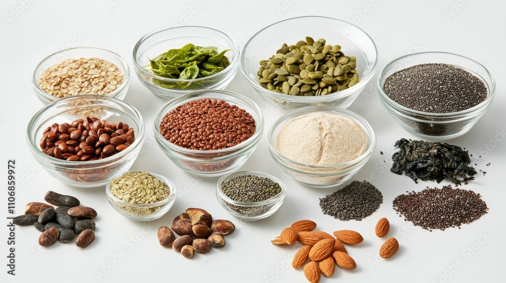 A variety of grains, seeds, and nuts displayed in glass bowls for healthy eating. A variety of grains, seeds, and nuts displayed in glass bowls for healthy eating.