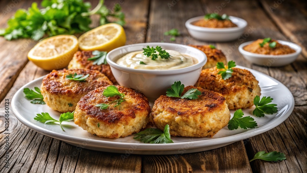 Crab cakes with parsley and lemon dip Crab cakes with parsley and lemon dip