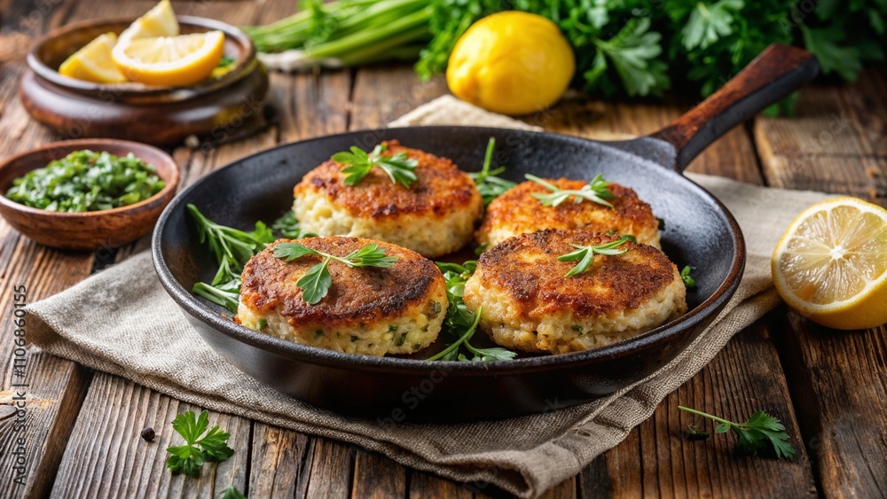Golden crab cakes in skillet with lemon garnish Golden crab cakes in skillet with lemon garnish