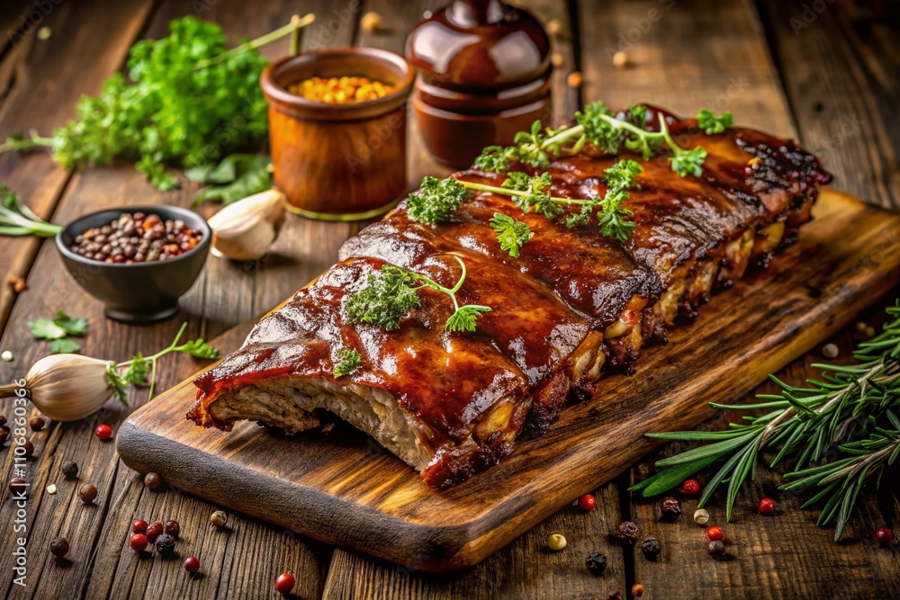 Delicious Barbecue Ribs on a Rustic Wooden Table with Glazing Sauce and Garnish for a Mouthwatering Culinary Experience Delicious Barbecue Ribs on a Rustic Wooden Table with Glazing Sauce and Garnish for a Mouthwatering Culinary Experience