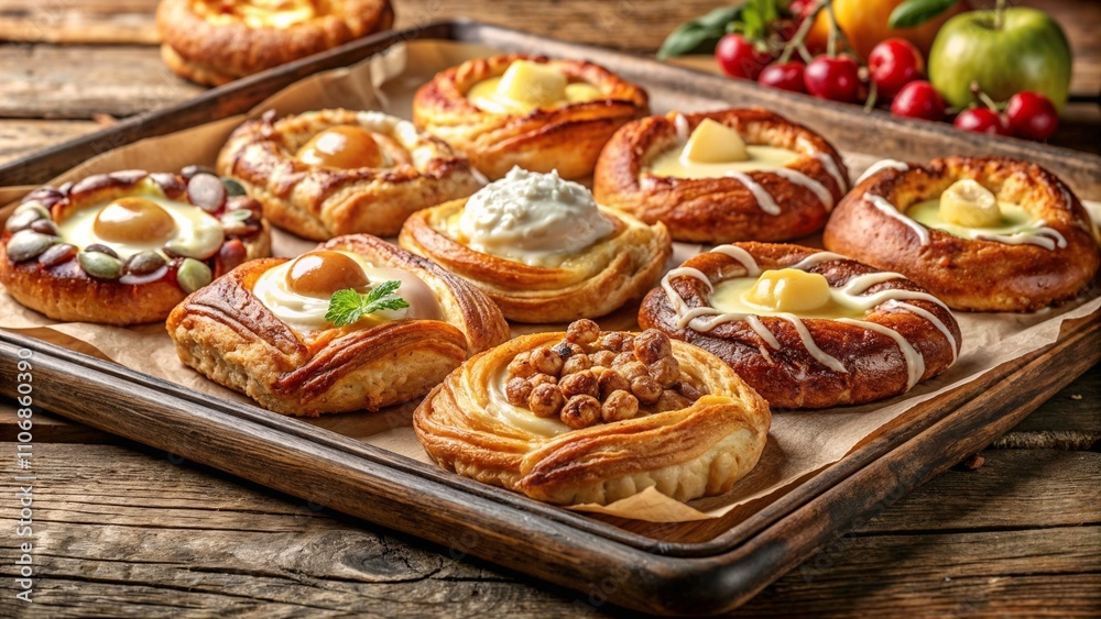 Assorted Danish pastries on rustic wooden tray Assorted Danish pastries on rustic wooden tray