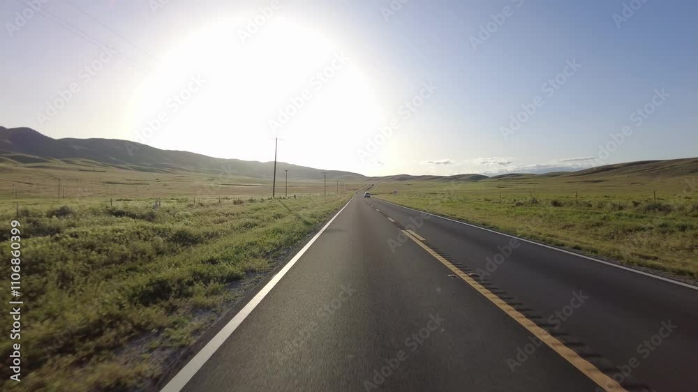 Carrizo Plain Highway 58 East Grassy Hills Sunset 01 Rear View Driving Plates California USA