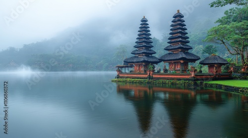 Serene temple structures by a tranquil lake, shrouded in misty mountains.