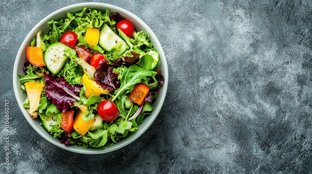 A fresh salad with colorful vegetables and greens, arranged in a bowl, viewed from above