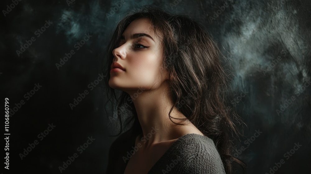 A moody portrait of a woman in a dark setting, showcasing her emotions through powerful imagery A moody portrait of a woman in a dark setting, showcasing her emotions through powerful imagery