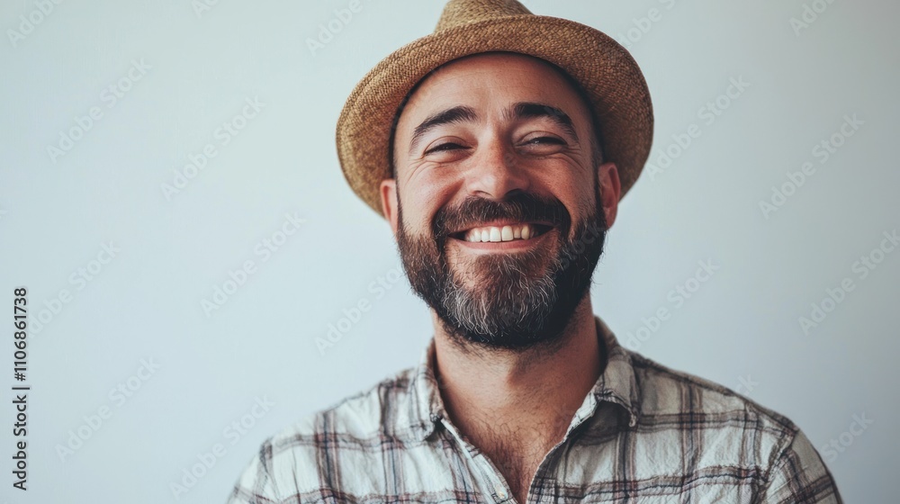 A playful portrait of a man smiling, set against a stark white backdrop to enhance his warmth A playful portrait of a man smiling, set against a stark white backdrop to enhance his warmth