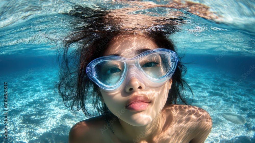 Naklejka premium Woman swimming in clear sea water in Asia