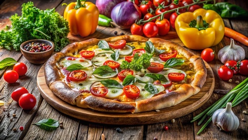 Deliciously Cheesy Pizza with Fresh Toppings on a Rustic Wooden Table Perfect for Food Photography and Culinary Inspiration