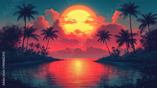 A retro-inspired sunset scene with pastel colors, featuring palm trees silhouetted against the ocean, evoking a sense of warmth and relaxation