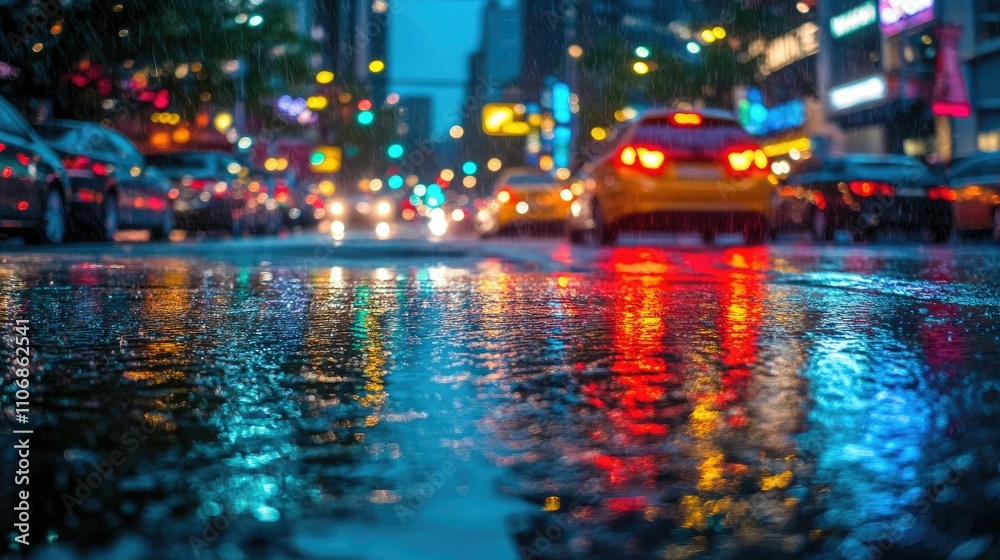 A vibrant city street scene reflecting lights and rain in a bustling urban environment. A vibrant city street scene reflecting lights and rain in a bustling urban environment.