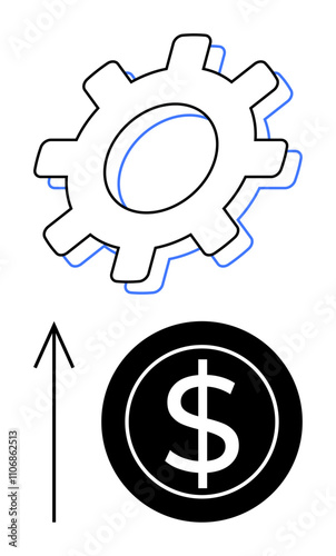 Gear and dollar coin with upward arrow indicating increase in value. Ideal for concepts thumbs up business growth, financial improvement, technological progress, productivity enhancement, economic