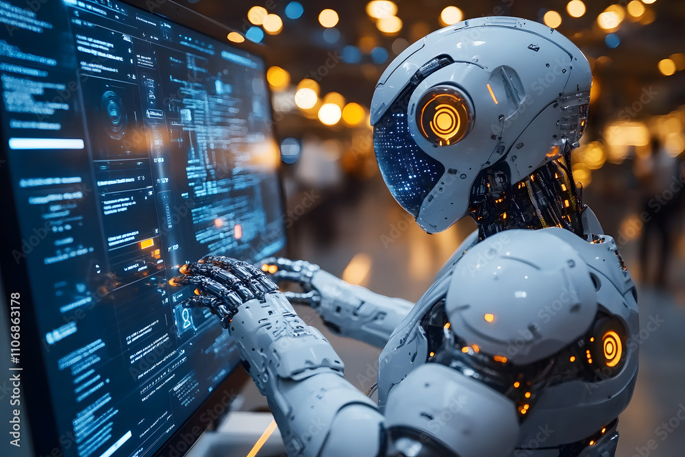 Fototapeta premium Robot working at computer replace human with desktop monitor in front. Maschinen typing on keyboard in office. Futuristic worker. AI work at support job technologies. Background future holographic.