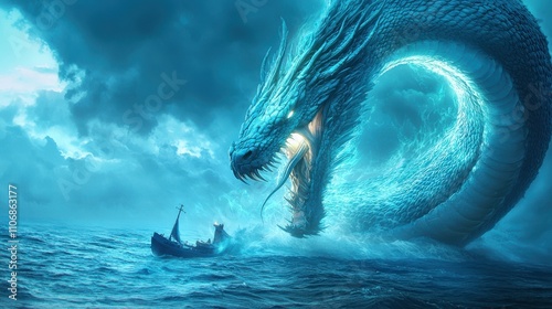 A dramatic scene of a massive blue sea serpent emerging from the ocean, confronting a small boat beneath a stormy sky. photo