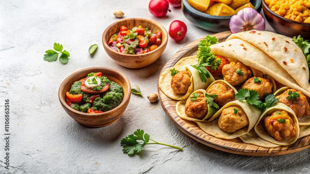 Delicious Tortillas, Baurasks, and Fried Dumplings on a White Background - Perfect for Culinary and Food Photography Needs Delicious Tortillas, Baurasks, and Fried Dumplings on a White Background - Perfect for Culinary and Food Photography Needs