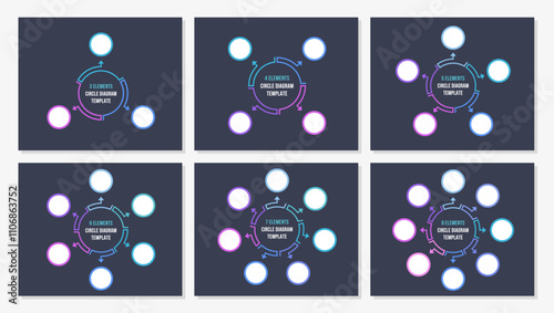 Six blank circle diagram templates set - 3, 4, 5, 6, 7 and 8 parts, circle infographics, dark theme, vector eps10 illustration