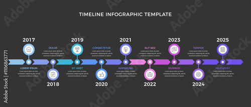 Long horizontal timeline infographic template with nine arrows, dark background, vector eps10 illustration
