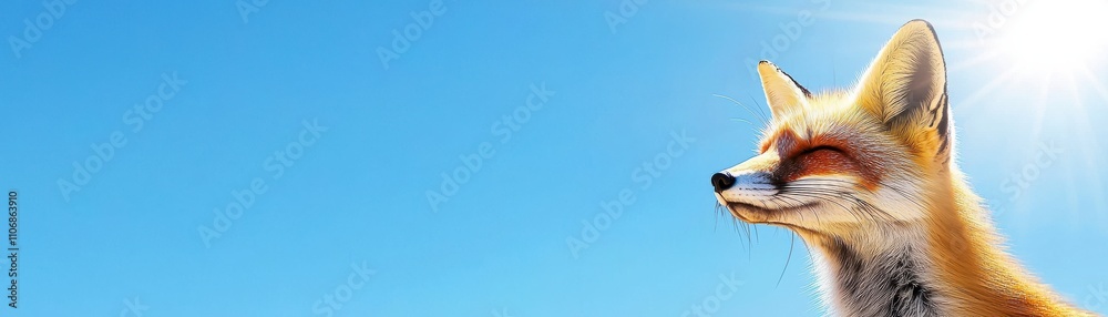 Fototapeta premium A serene fox gazes into the distance against a clear blue sky, capturing a moment of tranquility and nature's beauty.