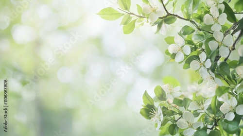 A light, airy background featuring fresh green leaves and blooming flowers, symbolizing the arrival of spring