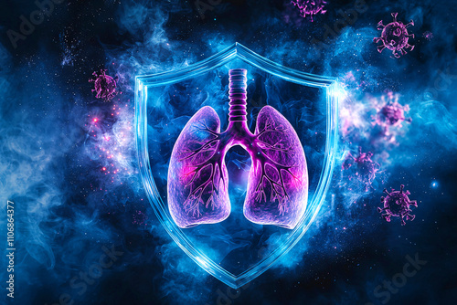 Depicting a shield icon defending human lungs encircled by toxic air particles, this symbolizes respiratory health, protection and highlights medical safety