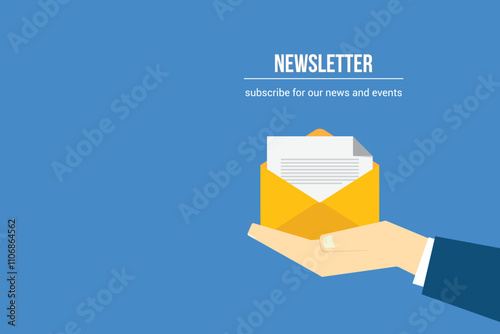 Newsletter. vector illustration of email marketing. subscription to newsletter, news, offers, promotions. a letter and envelope. subscribe, submit. send by mail.	