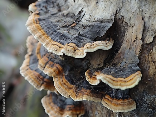 Close-up of colorful shelf fungi growing on decaying wood. photo