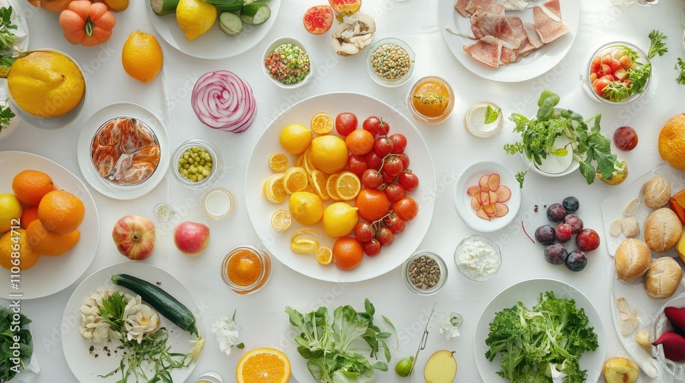 A vibrant spread of fresh fruits, vegetables, and ingredients on a table for healthy cooking. A vibrant spread of fresh fruits, vegetables, and ingredients on a table for healthy cooking.