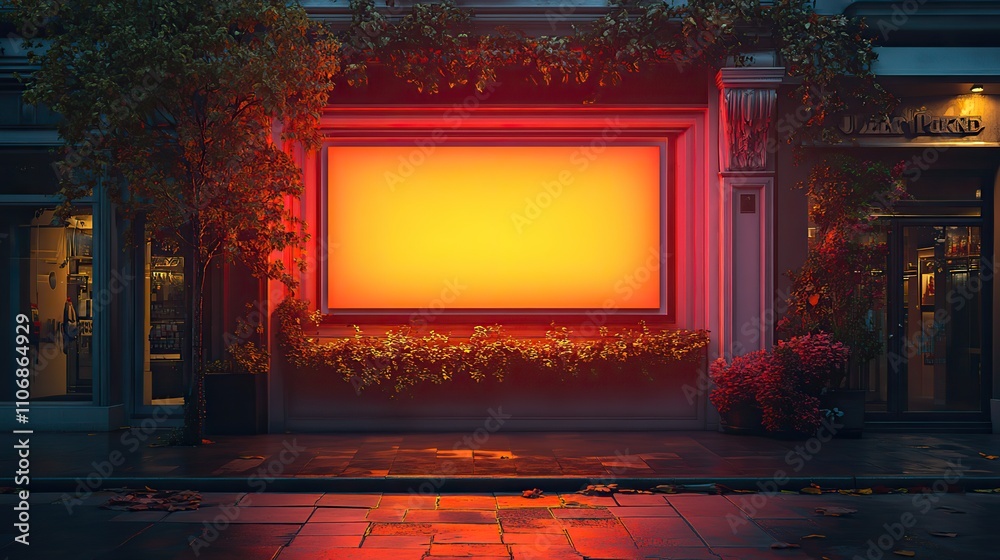 A shop window with a blank banner by night sets up a 3D render mockup A shop window with a blank banner by night sets up a 3D render mockup