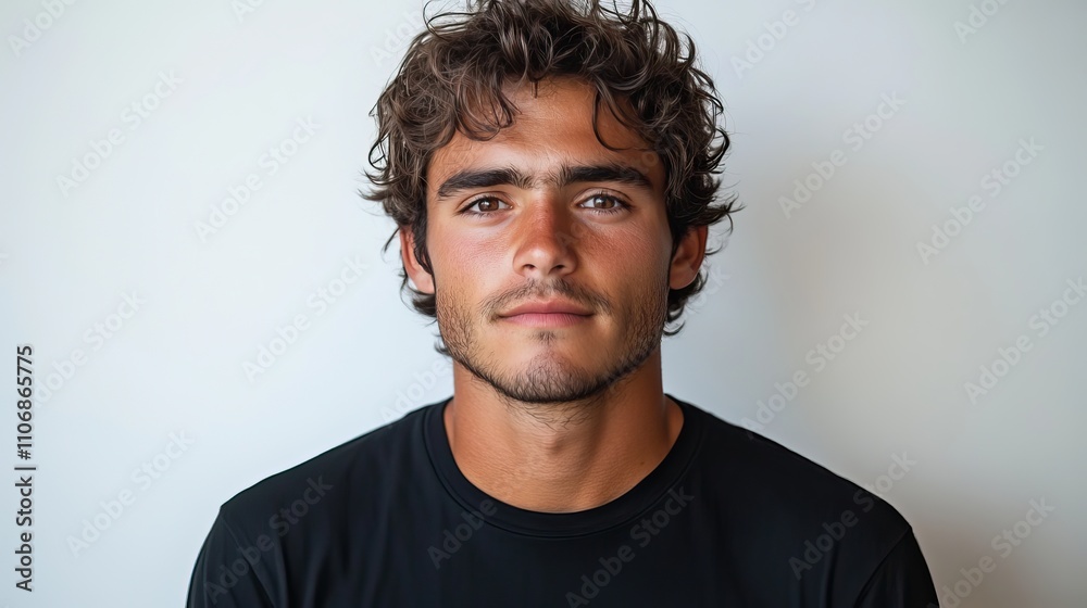 Obraz premium A silhouette of a young man in a black shirt, standing against a white background