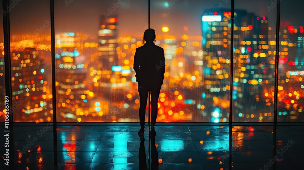 A silhouette of an urban professional overlooking a brightly lit city skyline at night A silhouette of an urban professional overlooking a brightly lit city skyline at night
