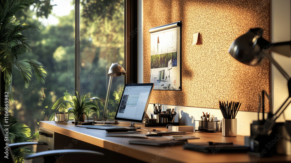 Energy-efficient home office with natural decor and sunlight Energy-efficient home office with natural decor and sunlight