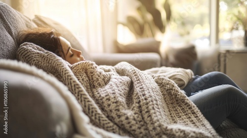 A person comfortably nestled in blankets on a sofa, enjoying a lazy day at home.