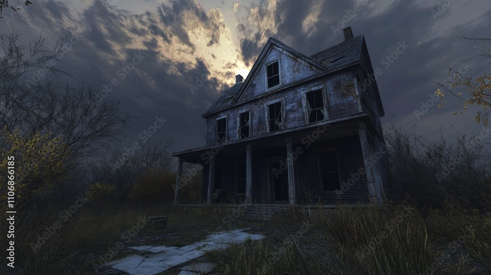A spooky abandoned house with broken windows and a cloudy sky A spooky abandoned house with broken windows and a cloudy sky