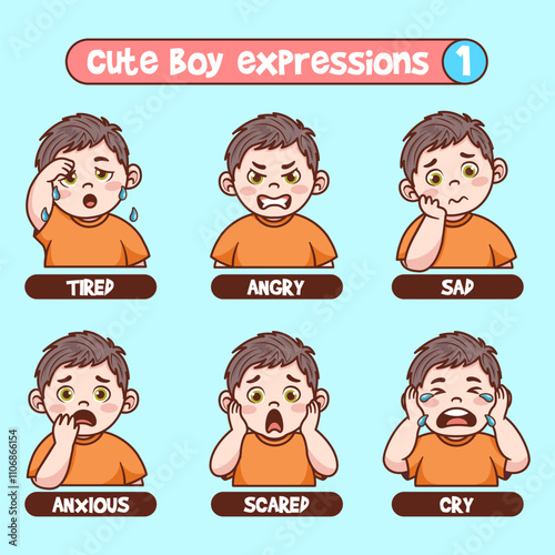 Cute boy in various expressions cartoon vector icon illustration. Hand drawn emotes element collection.