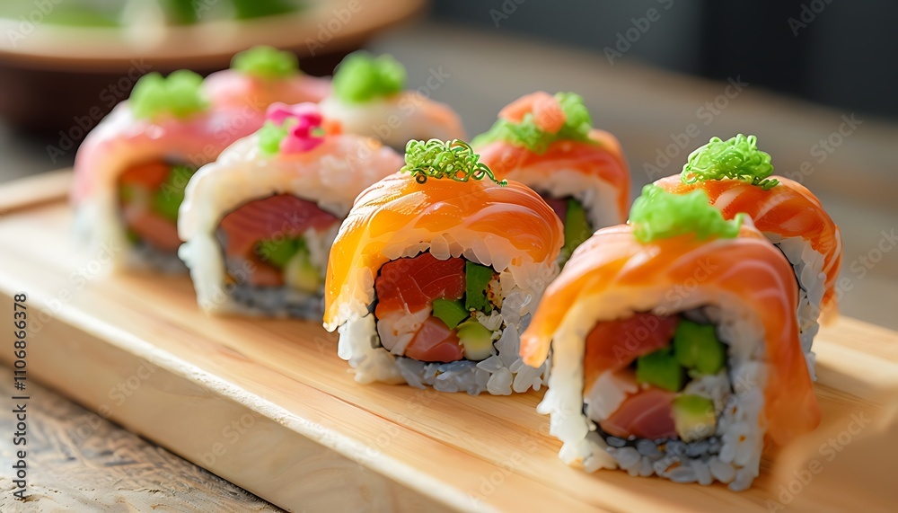 close up of sushi rolls on wooden board close up of sushi rolls on wooden board
