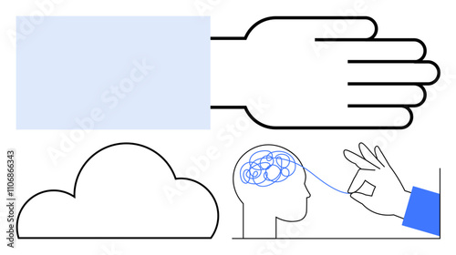 Wallpaper Mural Large hand, cloud shape, head with tangled lines for brain, hand pulling string from head. Ideal for mental health, technology, creativity, problem-solving, innovation connections abstract Torontodigital.ca