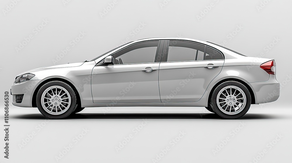 A silver car is captured from the side against a clean white background