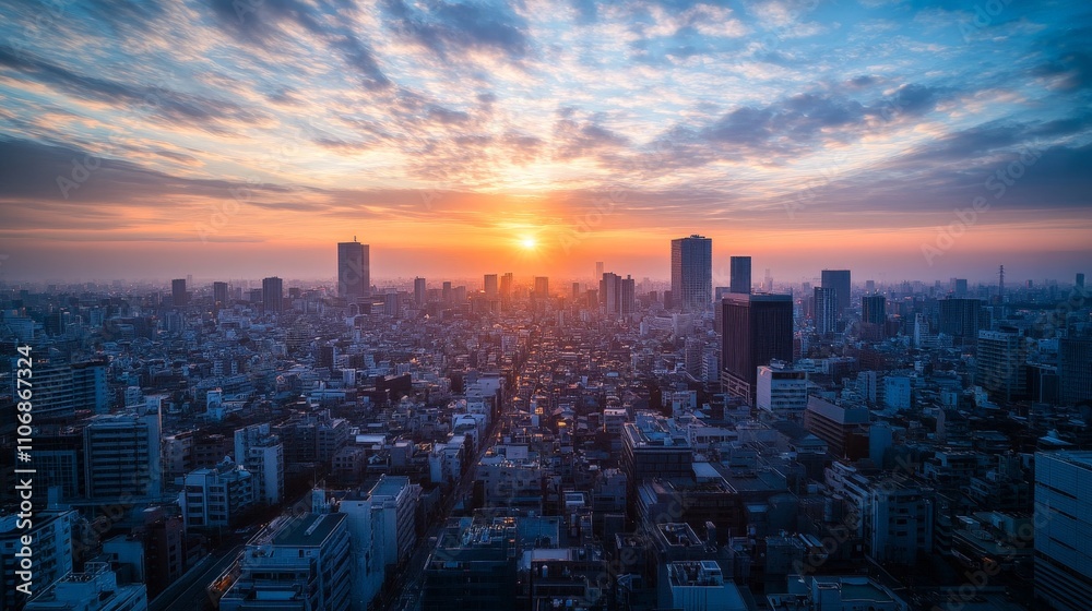 Fototapeta premium A sunrise city view from a high rooftop, overlooking streets just beginning to wake up