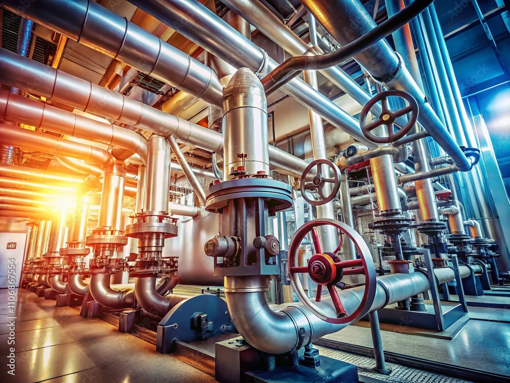 Detailed Visualization of Building Piping Systems with High Depth of Field, Showcasing Complex Infrastructure and Engineering Elements for Educational and Professional Use Detailed Visualization of Building Piping Systems with High Depth of Field, Showcasing Complex Infrastructure and Engineering Elements for Educational and Professional Use