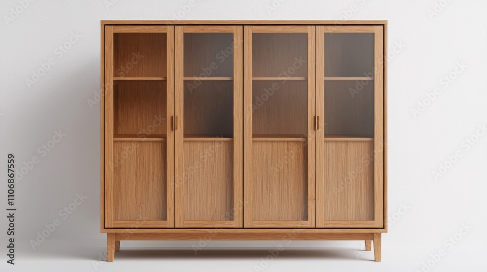 Eco-friendly interior design with bamboo furniture. Modern wooden cabinet with glass doors and four compartments. Eco-friendly interior design with bamboo furniture. Modern wooden cabinet with glass doors and four compartments.
