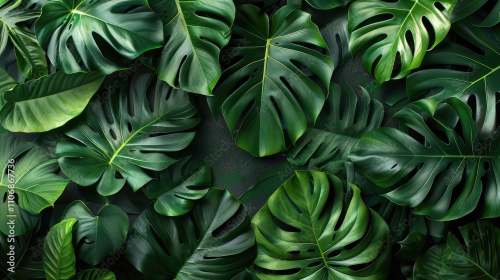 Dark green tropical leaves on a fresh flat background: Nature-themed flat lay Dark green tropical leaves on a fresh flat background: Nature-themed flat lay